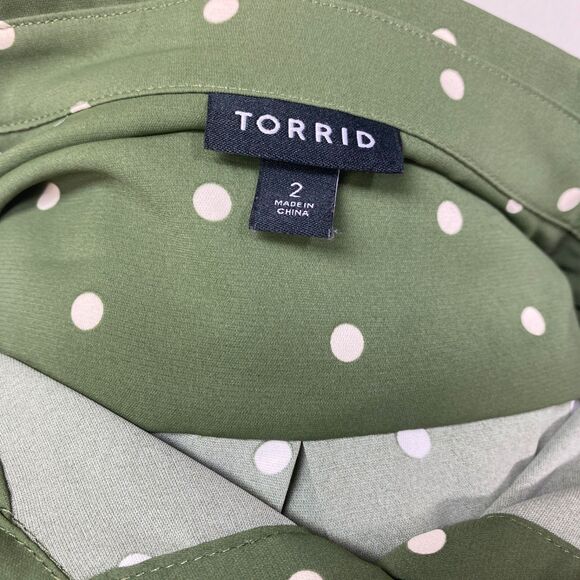 Torrid 2 Moss Green Blouse White Polka Dot Long Sleeve Pockets Button Front Flaw - Picture 10 of 13